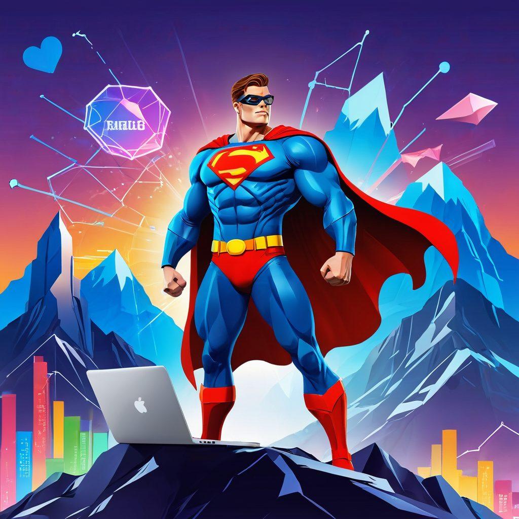 A dynamic illustration of a powerful superhero blogger standing atop a mountain of keywords and graphs, symbolizing SEO dominance. The hero is wielding a glowing laptop as a shield, with digital elements like backlinks and search engines in the background. Bright colors radiate from the laptop, casting light on a vibrant landscape of blogs and social media platforms. Energetic and inspiring vibe, showcasing growth and success. super-realistic. vibrant colors. digital art.