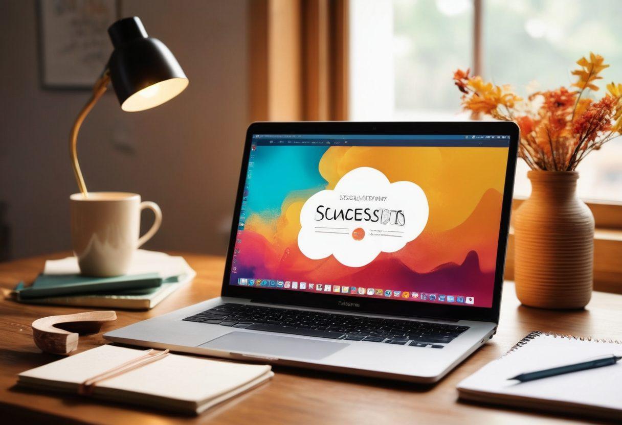 An open laptop with a bright screen displaying a blog post titled 'Crafting Compelling Content'. Nearby, colorful notebooks with sketches and notes on content ideas, and a steaming cup of coffee. A soft glow of a desk lamp illuminates the scene, suggesting creativity and inspiration. Elegant typography floating in the air, illustrating concepts like 'engagement', 'creativity', and 'success'. warm light. cozy atmosphere. super-realistic. vibrant colors.