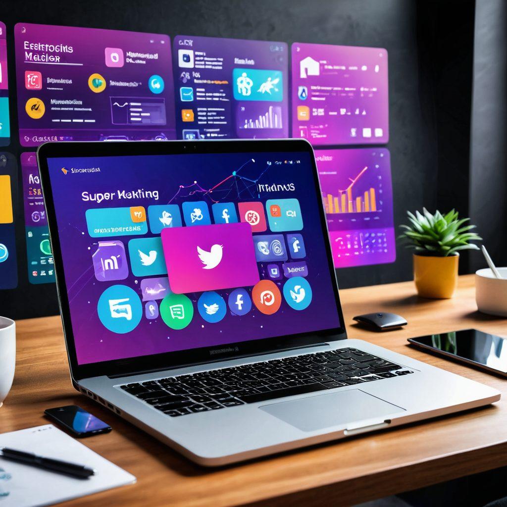 A dynamic digital marketing dashboard displayed on a laptop, surrounded by vibrant icons representing social media, analytics, and currency symbols, symbolizing engagement and monetization. Include a diverse group of professionals brainstorming beside the laptop, showcasing collaboration and creativity. The background should feature colorful abstract designs and digital elements to emphasize innovation and energy. super-realistic. vibrant colors. 3D.